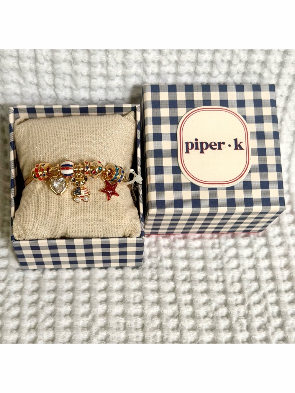 Piper K Patriotic Teddy Bear Charm Bangle Bracelet Red White Blue Americana NIB